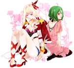  blonde_hair blue_eyes bracelet breasts cleavage dress gen_(enji) green_hair high_heels jewelry large_breasts long_hair macross macross_frontier macross_frontier:_itsuwari_no_utahime multiple_girls pantyhose ranka_lee red_eyes ring sheryl_nome shoes 