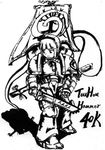  armor banner chainsaw crossover greyscale gun konpaku_youmu konpaku_youmu_(ghost) marine monochrome power_armor space_marine sword touhou warhammer_40k weapon 