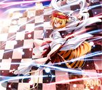  absurdres animal_print bishamonten's_spear blonde_hair checkered hair_ornament highres multicolored_hair namamo_nanase polearm red_eyes shawl short_hair solo spear tiger_print toramaru_shou touhou weapon 