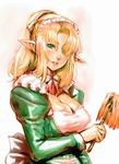  blonde_hair bow_(bhp) breasts cleavage elf green_eyes hair_over_one_eye large_breasts lips maid original pointy_ears solo 