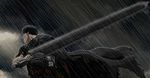  artist_request berserk black_hair cape dragonslayer_(sword) guts huge_weapon male_focus rain solo sword weapon 
