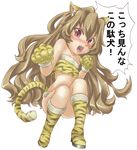  aisaka_taiga animal_ears animal_print bikini boots brown_eyes brown_hair gloves highres landolt_tamaki long_hair solo swimsuit tail tiger_ears tiger_print tiger_tail toradora! torn_clothes translated 