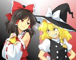  blonde_hair braid brown_hair buttons confrontation crossed_arms eye_contact grin hakurei_reimu hands_on_hips hanjuku_tomato hat kirisame_marisa lightning_glare looking_at_another multiple_girls red_eyes ribbon short_hair smile smirk touhou witch_hat yellow_eyes 