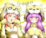  :&lt; :o =_= ^_^ animal_costume animal_print blush closed_eyes costume flying_sweatdrops gao heart koakuma long_hair miki_purasu multiple_girls o_o patchouli_knowledge paw_pose purple_eyes purple_hair red_hair tiger_costume tiger_print touhou 