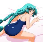  all_fours ass bed blush braid canal_vorfeed green_hair highres long_hair looking_back lost_universe one-piece one-piece_swimsuit purple_eyes school_swimsuit sugimura_tomokazu swimsuit twin_braids violet_eyes 