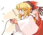  armpits blonde_hair bow braid brown_hair hair_bow hakurei_reimu kanoe_soushi kirisame_marisa multiple_girls playing_games red_bow sarashi side_braid touhou yellow_eyes 