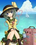  blue_eyes boat cameo cloud day hat hat_ribbon heart heart_of_string kaenbyou_rin kaenbyou_rin_(cat) komeiji_koishi komeiji_satori luggage ocean reiuji_utsuho reiuji_utsuho_(bird) ribbon scenery short_hair silver_hair sitting skirt sky smile solo sumisu_(mondo) touhou watercraft 