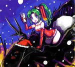  1girl bare_shoulders blue_eyes breasts can choker christmas color_(artist) elbow_gloves female final_fantasy final_fantasy_vi gloves green_hair hat kara_(color) long_hair lowres open_mouth outdoors ponytail santa_hat sky snow solo tina_branford 