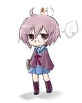  ahoge angeltype animal animal_on_head bangs book brown_eyes cardigan cat cat_on_head chibi glasses grey_hair kita_high_school_uniform nagato_yuki on_head school_uniform serafuku shamisen_(suzumiya_haruhi) short_hair solo suzumiya_haruhi_no_yuuutsu 