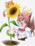  &gt;_&lt; :3 =_= absurdres animal_ears blush_stickers chibi closed_eyes flower highres japanese_clothes kimono mito_mashiro moekibara_fumitake o_o object_on_head open_mouth salute simple_background solo sunflower sweat tail tayutama x3 yukata 