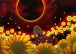  chien_zero demon eclipse flower glowing glowing_eyes green_hair highres kazami_yuuka petals red_eyes solar_eclipse solo sun sunflower touhou vest 