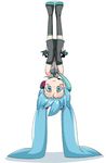  bad_id bad_pixiv_id blue_eyes blue_hair blush_stickers boots covering covering_crotch detached_sleeves hatsune_miku headphones long_hair prehensile_hair solo thighhighs twintails upside-down vocaloid yanagi_takashi 