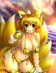  2010 animal_ears animal_print bad_id bad_pixiv_id bikini blonde_hair bodypaint breasts cleavage curvy fang fox_ears fox_tail highres large_breasts memento_mori_(m.m) navel paw_pose paws short_hair solo swimsuit tail thighhighs tiger tiger_paws tiger_print touhou whiskers yakumo_ran yellow_eyes 