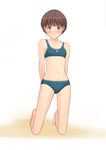  aihara_kaichi arms_behind_back bad_id bad_pixiv_id barefoot blush brown_eyes brown_hair embarrassed flat_chest highres kimi_kiss kneeling midriff navel panties satonaka_narumi short_hair solo sports_bra underwear underwear_only 