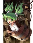  bucket green_eyes green_hair hair_bobbles hair_ornament in_bucket in_container katahira_masashi kisume looking_at_viewer nail_polish open_mouth pink_nails rope smile solo touhou twintails 