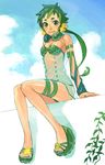  asami_you copyright_request green_eyes green_hair headphones headphones_around_neck ponytail sandals see-through solo 