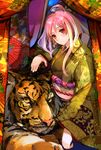  2010 ahoge colorful copyright_request japanese_clothes kimono long_hair obi orange_eyes pink_hair pupps sash smile solo tiger 