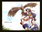  bird bow character_name don grass highres long_hair mamahaha nakoruru red_bow samurai_spirits sky solo wolf 