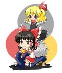  2girls :d blonde_hair bow brown_hair buront chibi chibi_on_head crossover elf elvaan final_fantasy final_fantasy_xi hakurei_reimu multiple_girls on_head open_mouth person_on_head pointy_ears rumia short_hair silver_hair smile the_iron_of_yin_and_yang touhou wabi_(wbsk) 