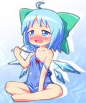  1girl ayakashi_(monkeypanch) bad_id bad_pixiv_id blue_eyes blue_hair blush bow cirno fan flat_chest hair_bow highres hot indian_style panties see-through short_hair sitting solo strap_slip sweat touhou underwear wings 
