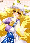  animal_ears biting blonde_hair fang fox_tail hat highres holding_own_tail kazami_karasu multiple_tails short_hair solo tail tail_biting touhou yakumo_ran yellow_eyes 