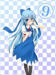 1girl alternate_hairstyle bad_id bad_pixiv_id bespectacled blue_eyes blue_hair book bow cirno glasses hair_bow ite_fuji long_hair older pantyhose solo touhou very_long_hair 
