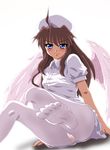  ahoge angel_wings blue_eyes blush brown_hair cameltoe copyright_request derivative_work feet hat hayashiya_zankurou legs long_hair nurse nurse_cap oekaki panties panties_over_pantyhose pantyhose pov_feet sitting smile solo toes underwear white_legwear wings 