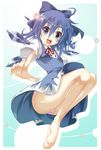  bare_legs barefoot blue_eyes blue_hair bow cirno fuyuno_taka hair_bow looking_at_viewer open_mouth panties pantyshot pink_panties pointing short_hair smile solo sparkle touhou underwear wings 