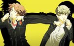  brown_eyes brown_hair crosscounter duel grey_hair hanamura_yousuke headphones male_focus multiple_boys narukami_yuu nyoro_(nyoronyoro000) persona persona_4 punching school_uniform simple_background violence 