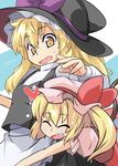  ^_^ blonde_hair buttons closed_eyes dress fang flandre_scarlet hat heart highres hug kirisame_marisa long_hair multiple_girls open_mouth sasurai side_ponytail touhou witch_hat yellow_eyes 