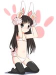  animal_ears arms_up bikini black_eyes black_hair bunny_ears bunny_pose child flat_chest highres kneeling long_hair navel original shouji_ayumu smile solo swimsuit thighhighs 