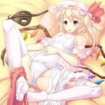  blonde_hair feet flandre_scarlet hat ichio one-piece_swimsuit open_clothes open_shirt ponytail red_eyes school_swimsuit shirt short_hair side_ponytail solo swimsuit swimsuit_under_clothes thighhighs touhou undressing white_school_swimsuit white_swimsuit wings 