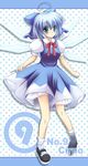  1girl ahoge bad_deviantart_id bad_id blue_eyes blue_hair cirno hair_ribbon junna ribbon short_hair solo touhou wings 