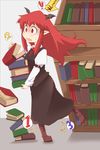  1girl armband bat_wings belt book bookshelf boots cross-laced_footwear english falling head_wings holding holding_book koakuma long_hair necktie pointy_ears red_eyes red_hair solo sukehiro touhou vest wings 