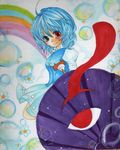  ahoge blue_eyes blue_hair heterochromia karakasa_obake marker_(medium) mizame purple_umbrella rainbow red_eyes shikishi solo tatara_kogasa tongue touhou traditional_media umbrella 