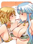  2010 2girls animal_print bikini_top blonde_hair blue_hair breasts cow_print food kamishirasawa_keine large_breasts long_hair multicolored_hair multiple_girls new_year pocky pocky_kiss red_eyes shared_food short_hair tiger_print toramaru_shou touhou tsuutenkaaku yellow_eyes yuri 