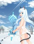  amamiya_minato animal_ears bad_id bad_pixiv_id bangs bare_legs blue_eyes blue_hair blunt_bangs breasts cat_ears cat_tail cloud day dress highres lens_flare long_hair medium_breasts no_panties pixiv_fantasia pixiv_fantasia_4 see-through sideboob sky snow solo statue sundress tail white_hair winter 