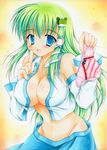  bad_id bad_pixiv_id blue_eyes breasts cleavage detached_sleeves frog green_hair groin hair_ornament japanese_clothes kochiya_sanae large_breasts long_hair mizuki_chika no_bra no_panties open_clothes open_shirt panties shirt snake solo touhou underwear 