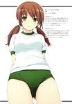  adjusting_buruma adjusting_clothes bangs brown_hair buruma coffee-kizoku copyright_request eyebrows_visible_through_hair from_below green_eyes gym_uniform highres long_hair open_mouth panties solo source_request twintails underwear white_panties 