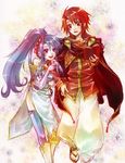  1girl arm_grab azel_(fire_emblem) bare_shoulders book cloak fire_emblem fire_emblem:_seisen_no_keifu ponytail purple_eyes purple_hair red_eyes red_hair thighhighs tiltyu_(fire_emblem) yuzuru_kashiwagi 