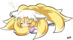  animal_ears blonde_hair closed_eyes fox_tail hat kazami_karasu lying multiple_tails short_hair sleeping solo tail tail_hug touhou yakumo_ran 