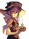  asami_you braid candle copyright_request earrings halloween hat jack-o'-lantern jack-o'-lantern_earrings jewelry pumpkin purple_hair solo twin_braids 