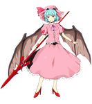  bat_wings blue_hair bonnet dress frills full_body ginsa hat high_heels highres polearm red_eyes remilia_scarlet shoes short_hair smile solo spear spear_the_gungnir standing touhou transparent_background weapon wings 