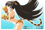  animal_print ass bikini black_hair blue_eyes ganaha_hibiki highres idolmaster idolmaster_(classic) long_hair new_year paws ponytail solo swimsuit tail takizi tears tiger_paws tiger_print tiger_tail 