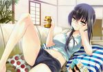  absurdres alcohol arm_support barefoot beer black_hair blush breasts can chin_rest couch glasses groin hands highres indoors koin_(foxmark) large_breasts leaf leg_up long_hair lying magazine midriff natsu_no_ame navel on_back pillow polka_dot ponytail room sakurai_natsuko shorts smile smirk solo striped tank_top window yellow_eyes 