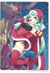  bell black_panties blush boots christmas copyright_request eating elbow_gloves gloves green_eyes green_hair hat highres panties pantyshot red_gloves santa_costume santa_hat solo thigh_boots thighhighs underwear usatsuka_eiji 