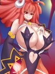  bat_wings blush breasts cleavage covered_nipples horns huge_breasts jewelry la_pucelle maou_prier pantyhose prier red_eyes red_hair ring smile solo wings 