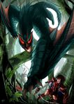  absurdres artist_request bomb bow dragon felyne forest hermitaur_(armor) highres monster_hunter nargacuga nature red_eyes vespoid wyvern 