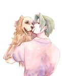  capcom dog from_behind grey_hair gyakuten_saiban kiss lowres male_focus mitsurugi_reiji pink solo 