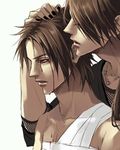  bandages blood brothers brown_hair hand_on_another's_head jewelry lily_(artist) lowres male_focus multiple_boys naruto naruto_(series) necklace red_eyes shirtless siblings uchiha_itachi uchiha_sasuke 
